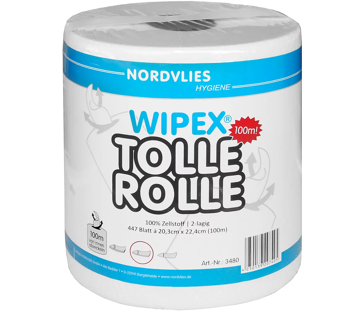 Rollo de toallitas de limpieza Wipex Tolle Rolle, 2 capas, blanco, 447 hojas por rollo, 6 rollos por caja