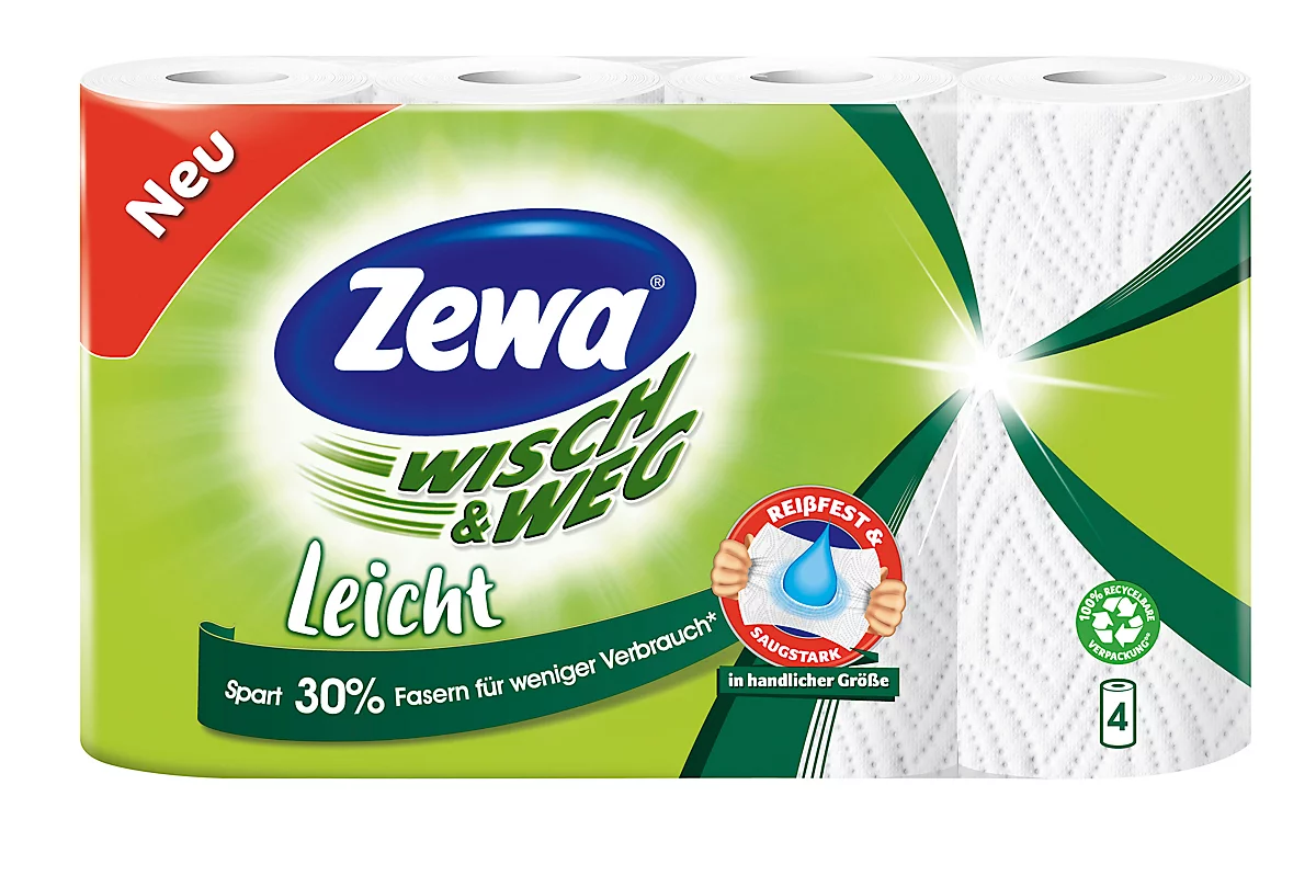 Rollos de cocina Zewa Wipe & Away Light, 3 capas, 30% menos de fibras, paquete con 4 rollos de 48 paños cada uno, en embalaje 100% reciclable.