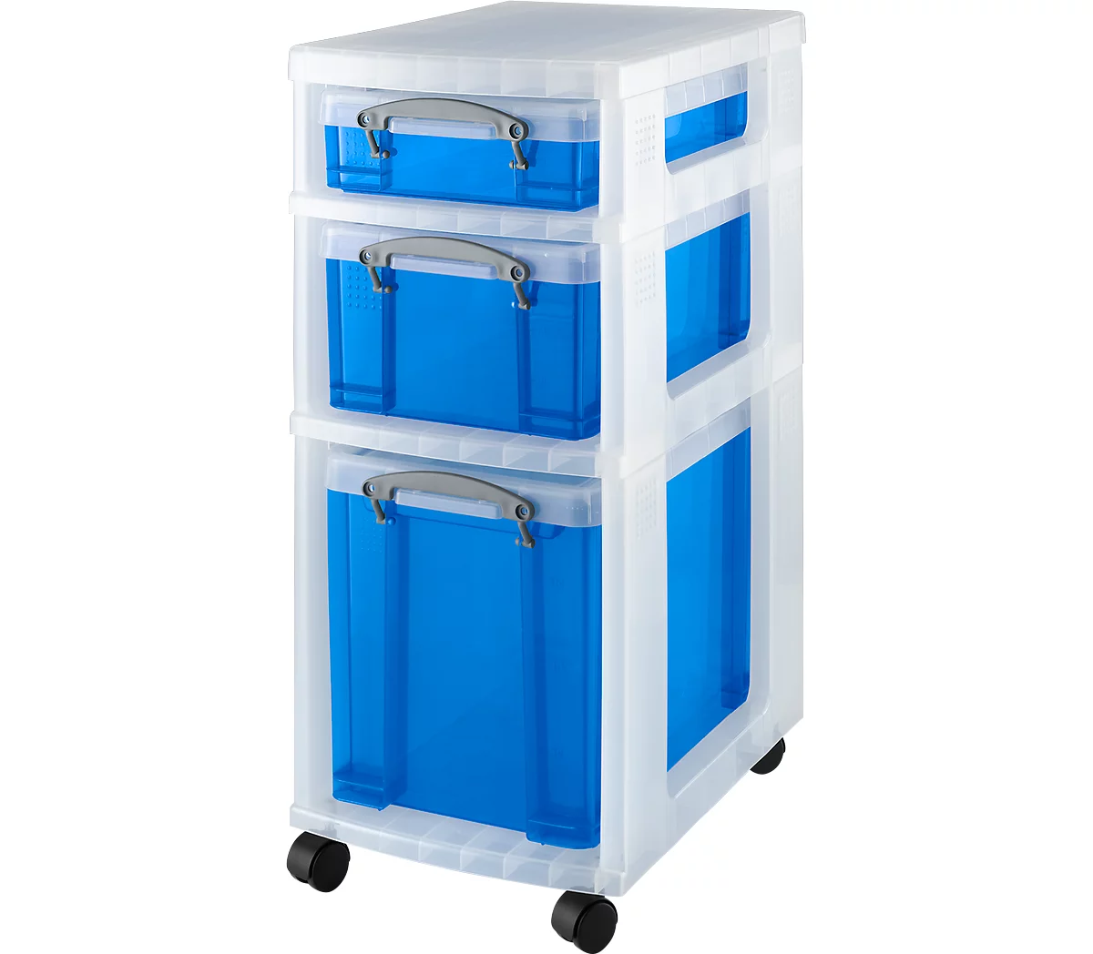 Rollwagen mit 3 transparent-blauen Boxen, 690 mm hoch