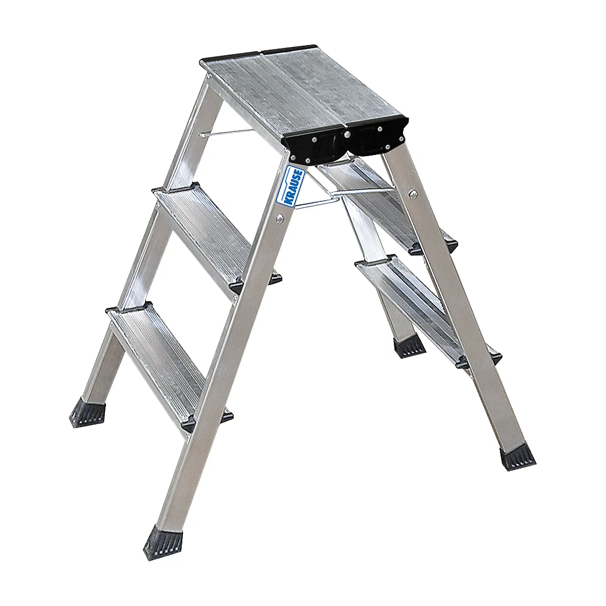 Three-step aluminum step ladder, bird's eye view. Inscription KRAUSE.