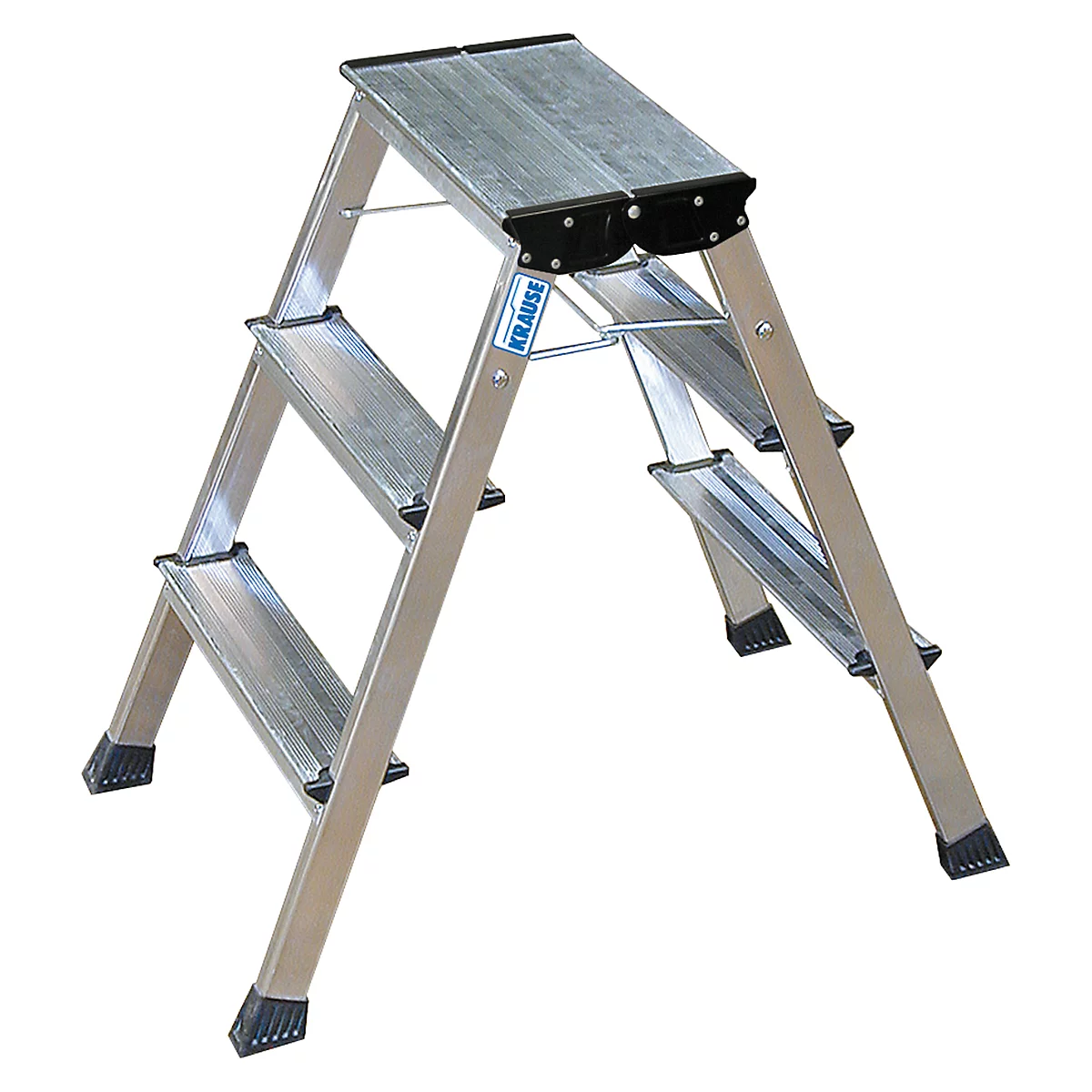 Silver step ladder, brand Krause. Three steps, black rubber feet, blue logo.