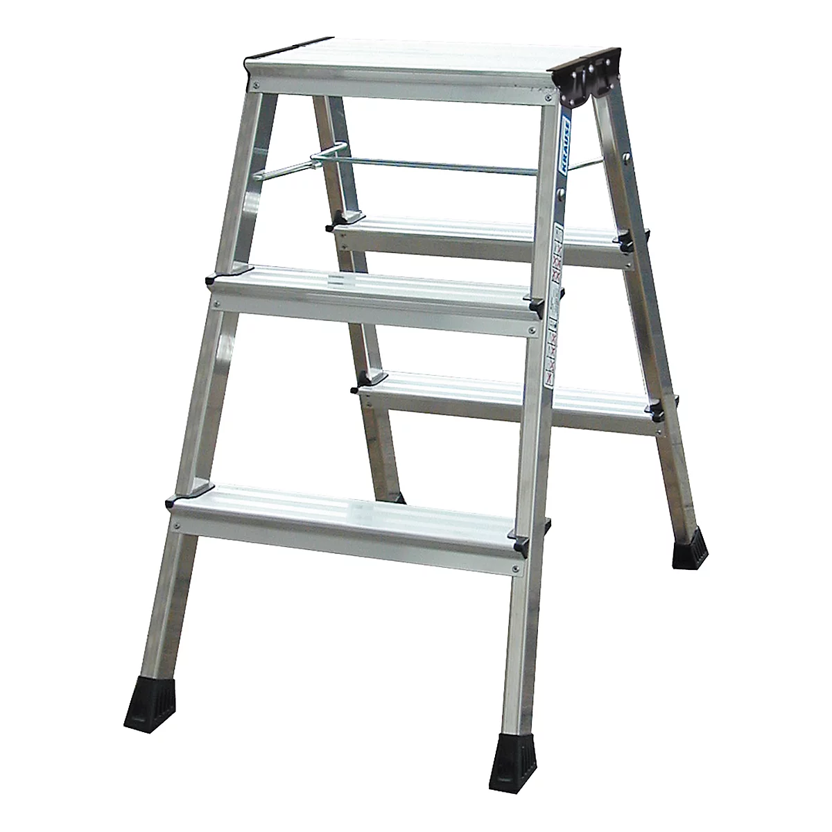 A silver freestanding step ladder with three steps and black feet. There is lettering on the sides.