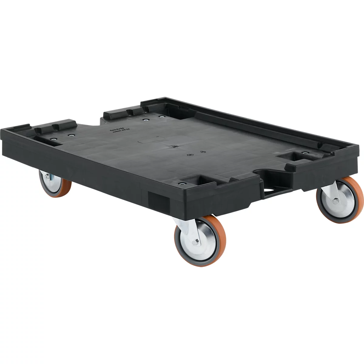 Zwarte transportroller met vier wielen op een witte achtergrond.