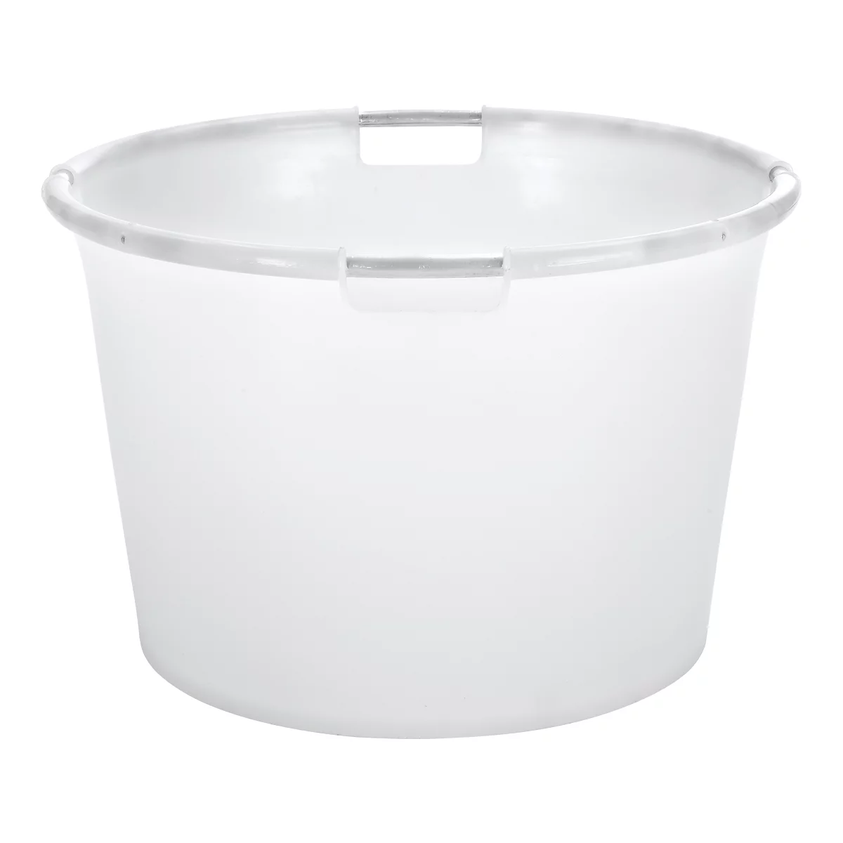 Een witte emmer, met handvatten en een versterkte rand.