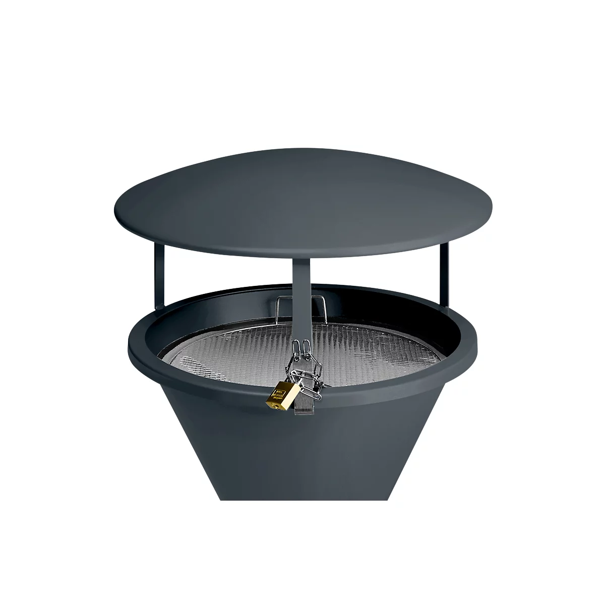 Dark gray trash can with lid, secured by a lock.