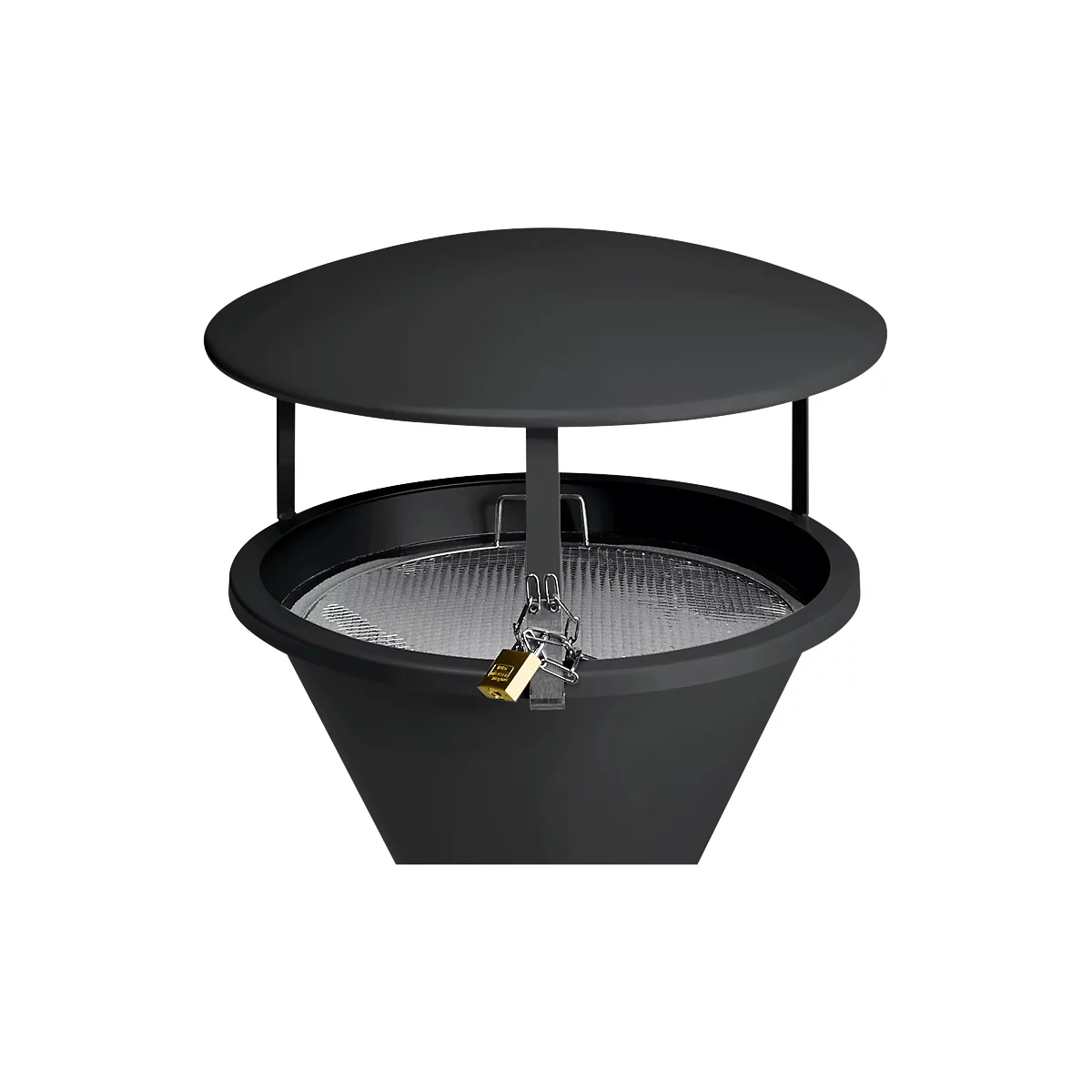 A black trash can with a lid. A gold padlock secures the contents.