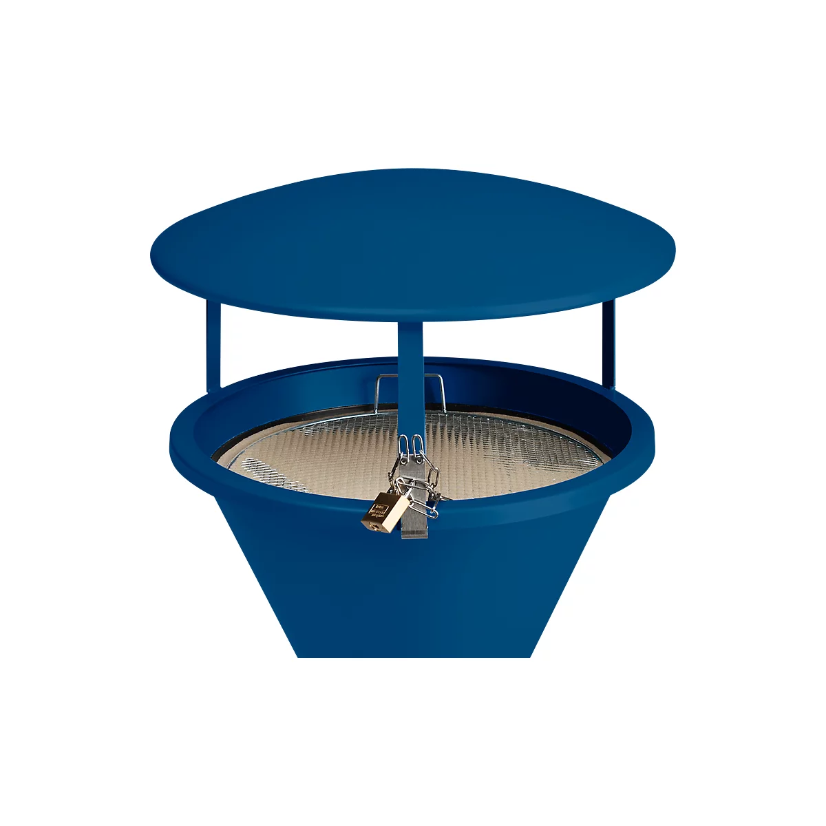 Blue trash receptacle with lid and lock. Wire mesh inside. Lid held by rods.