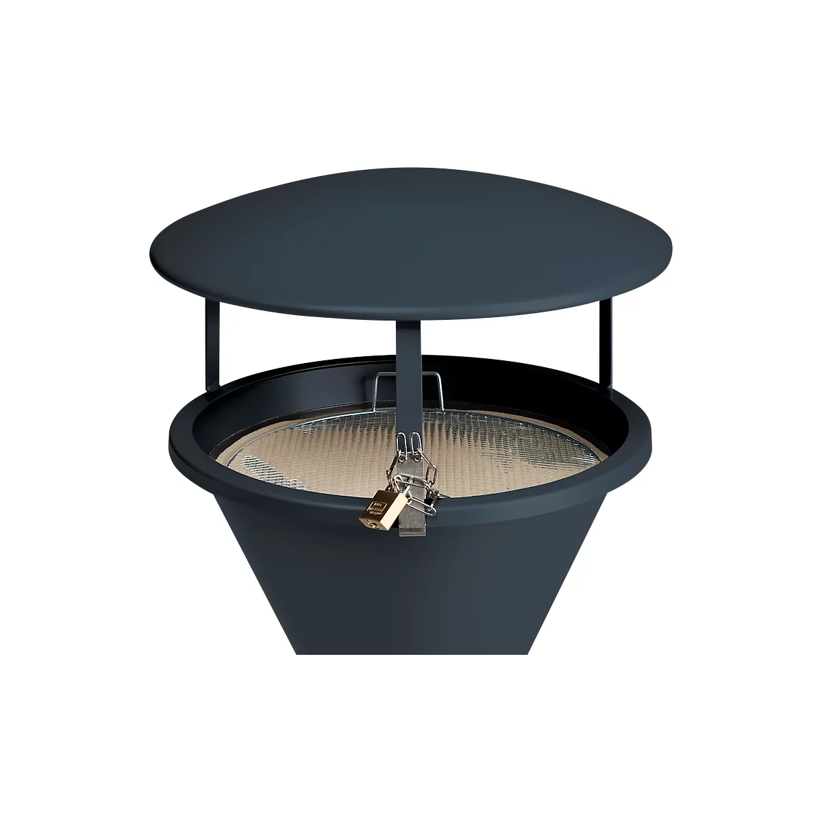 Dark grey trash can with lid, lock, and grate, close-up shot.