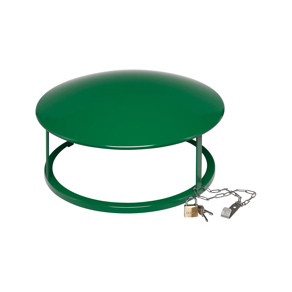 Green cover for a manhole. With chain, lock and keys.