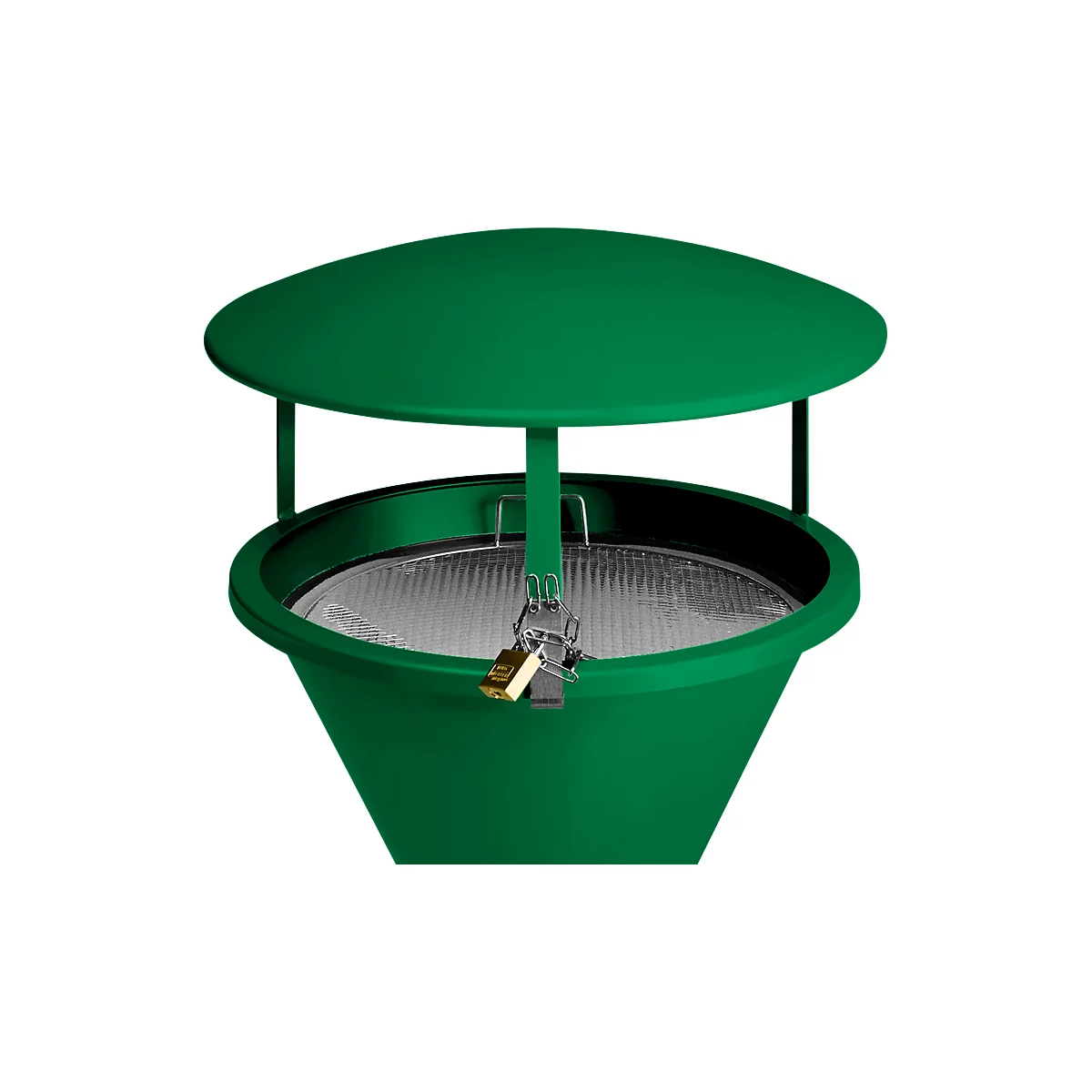 Green, locked trash can with lid. The lock is gold.