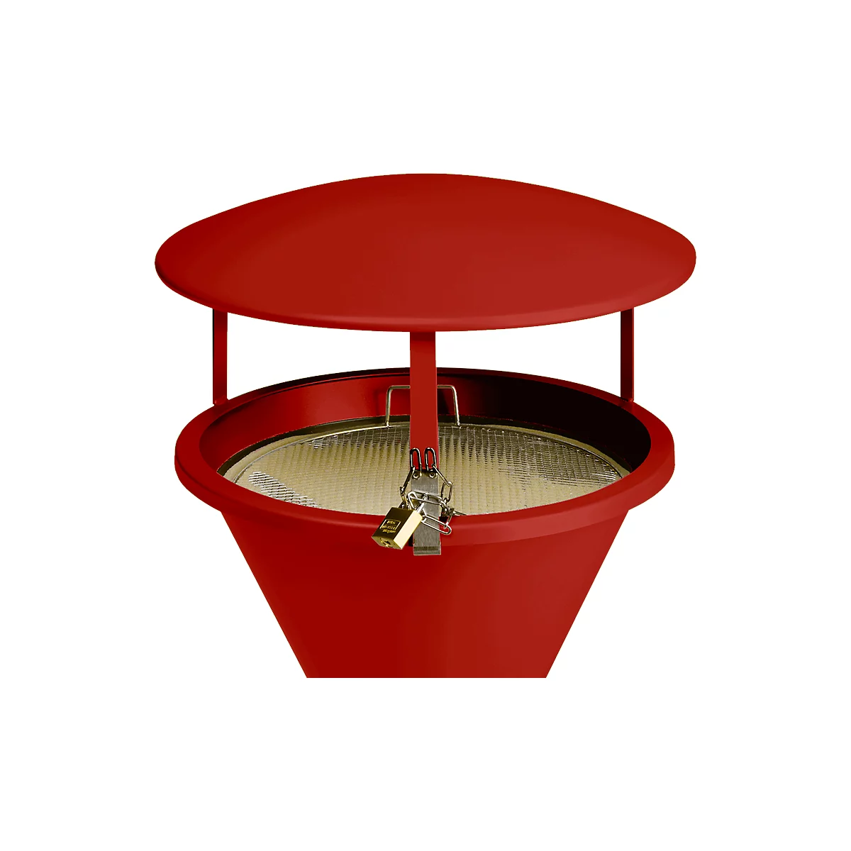A red, conically tapering ashtray, with a lid and a device for closing with a padlock.
