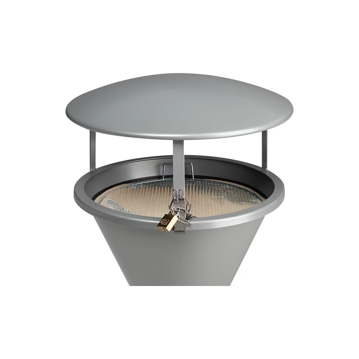 Gray trash can with lid and lock. The lid is round and attached to rods. A grid is visible inside.