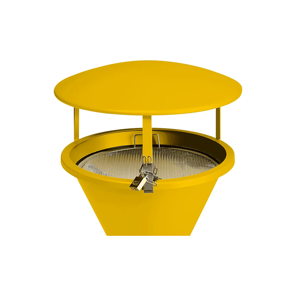 Yellow trash can with lid and grill. Lid with retaining struts, locked by padlocks.