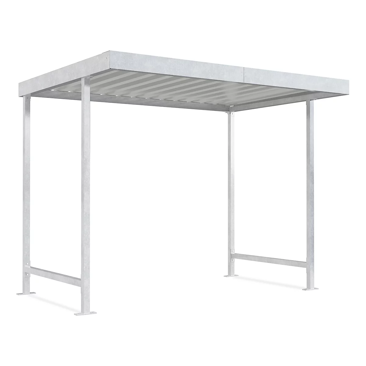 Metal shelter with rectangular roof and four posts, isolated on white background.