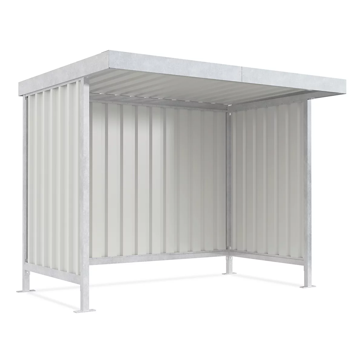 A silver-colored covered waiting area with corrugated walls.