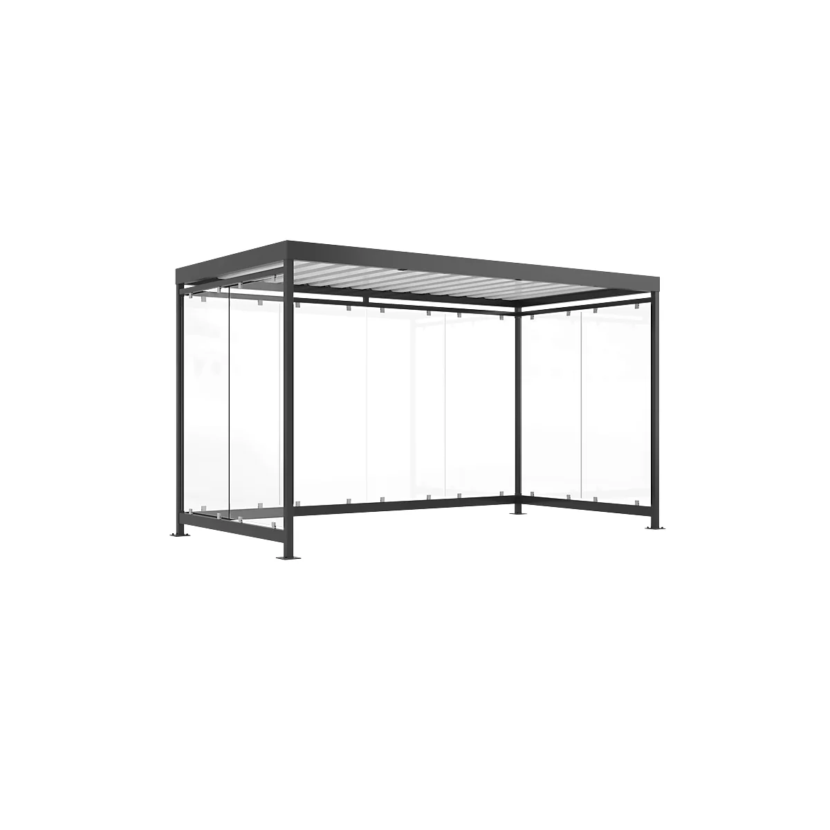 Grey garden pergola with glass sides, white background.