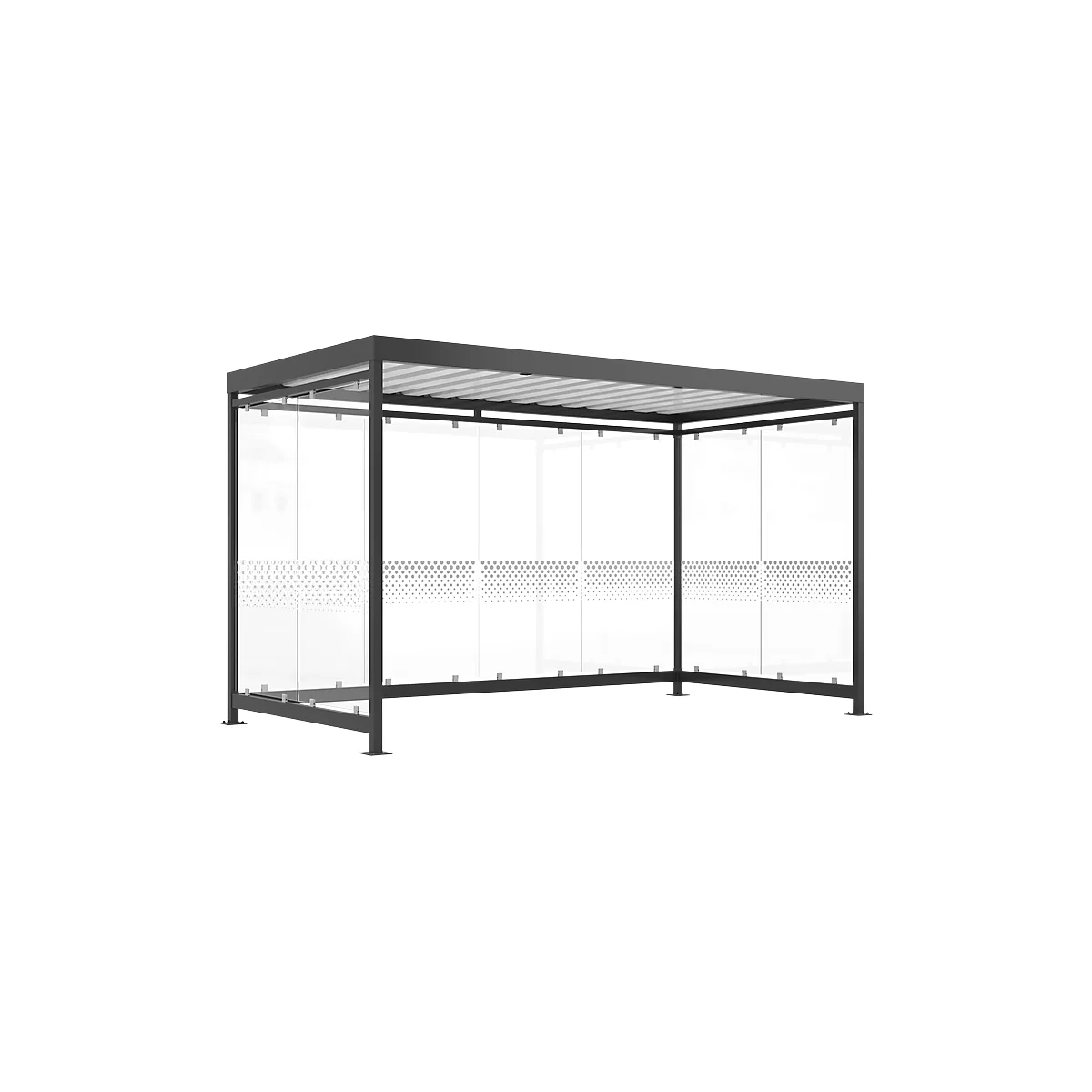 Modern bus stop with glass walls and a metal frame. The walls are structured by dotted patterns. The roof is also made of metal.