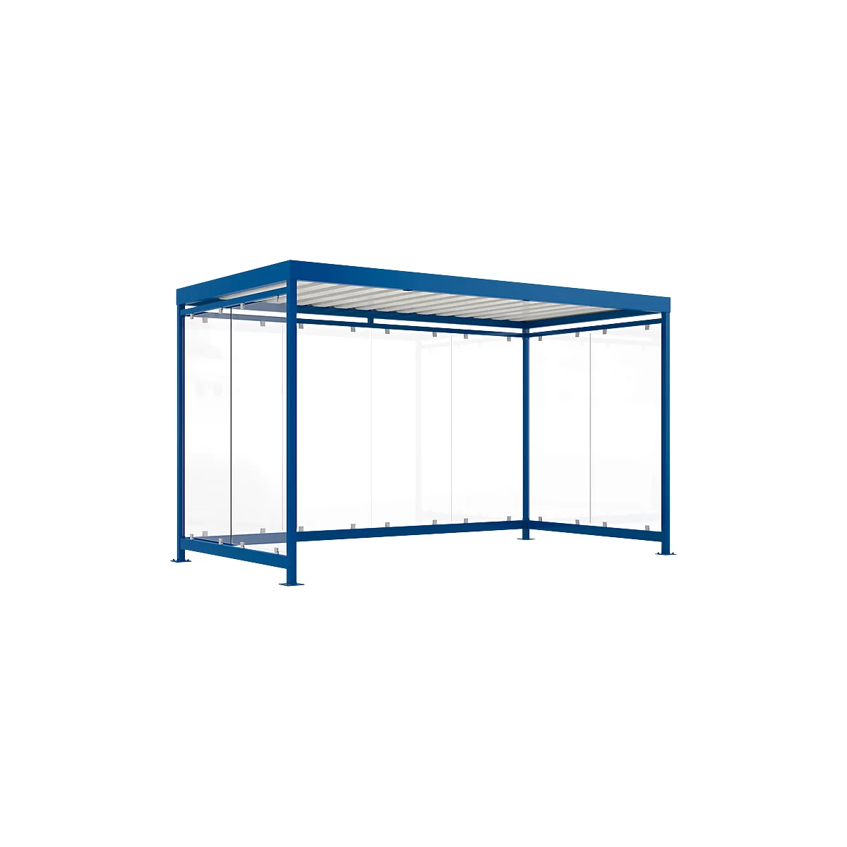 Blue and white bus shelter with glass walls.