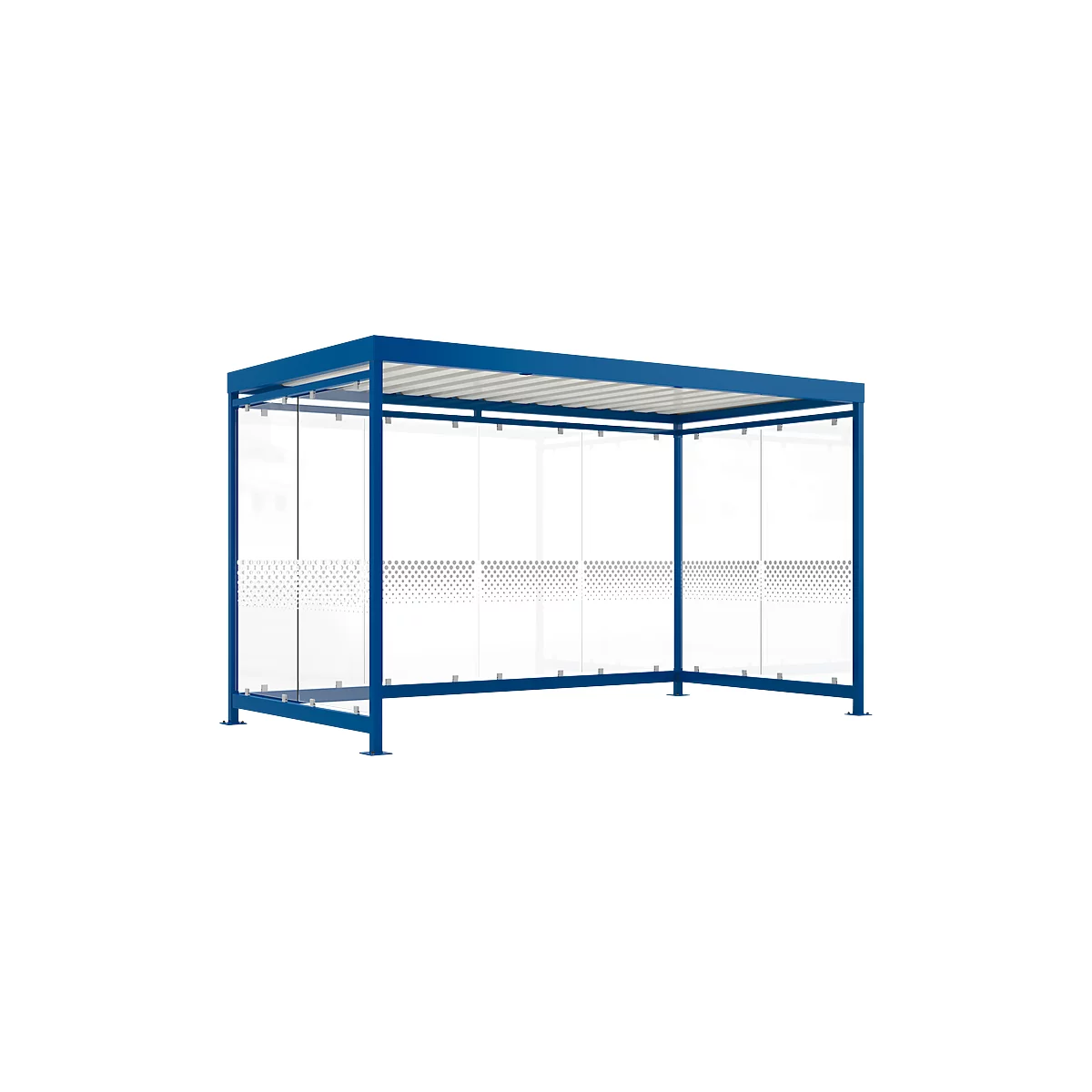 Blue bus stop with glass walls and a dot design. Roof with white corrugated metal.