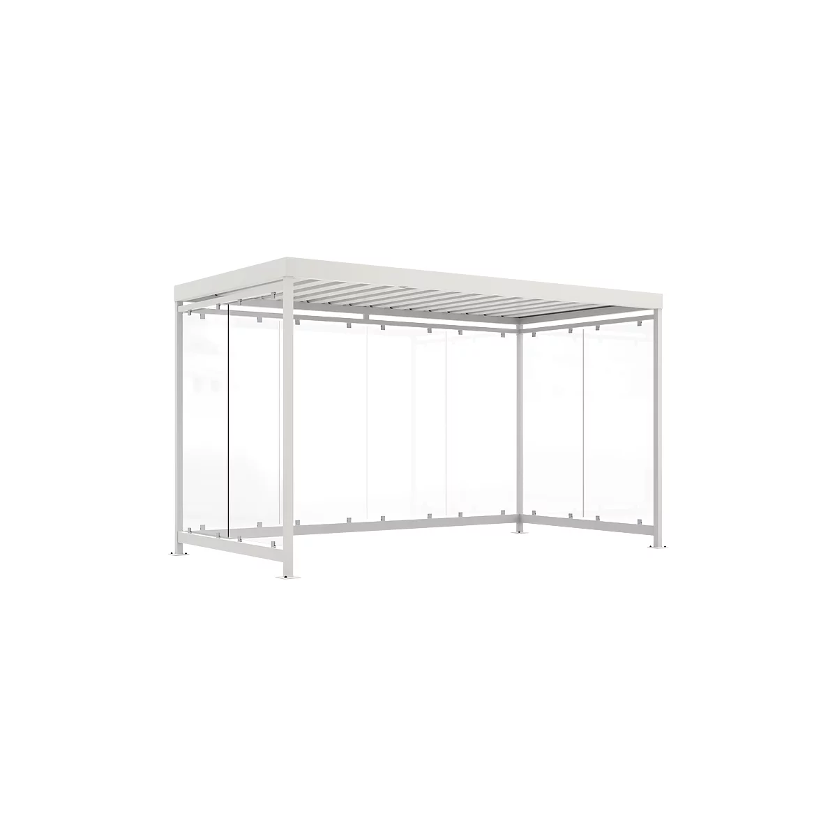 White aluminium pergola frame with glass walls and slatted roof. The pergola is free-standing.