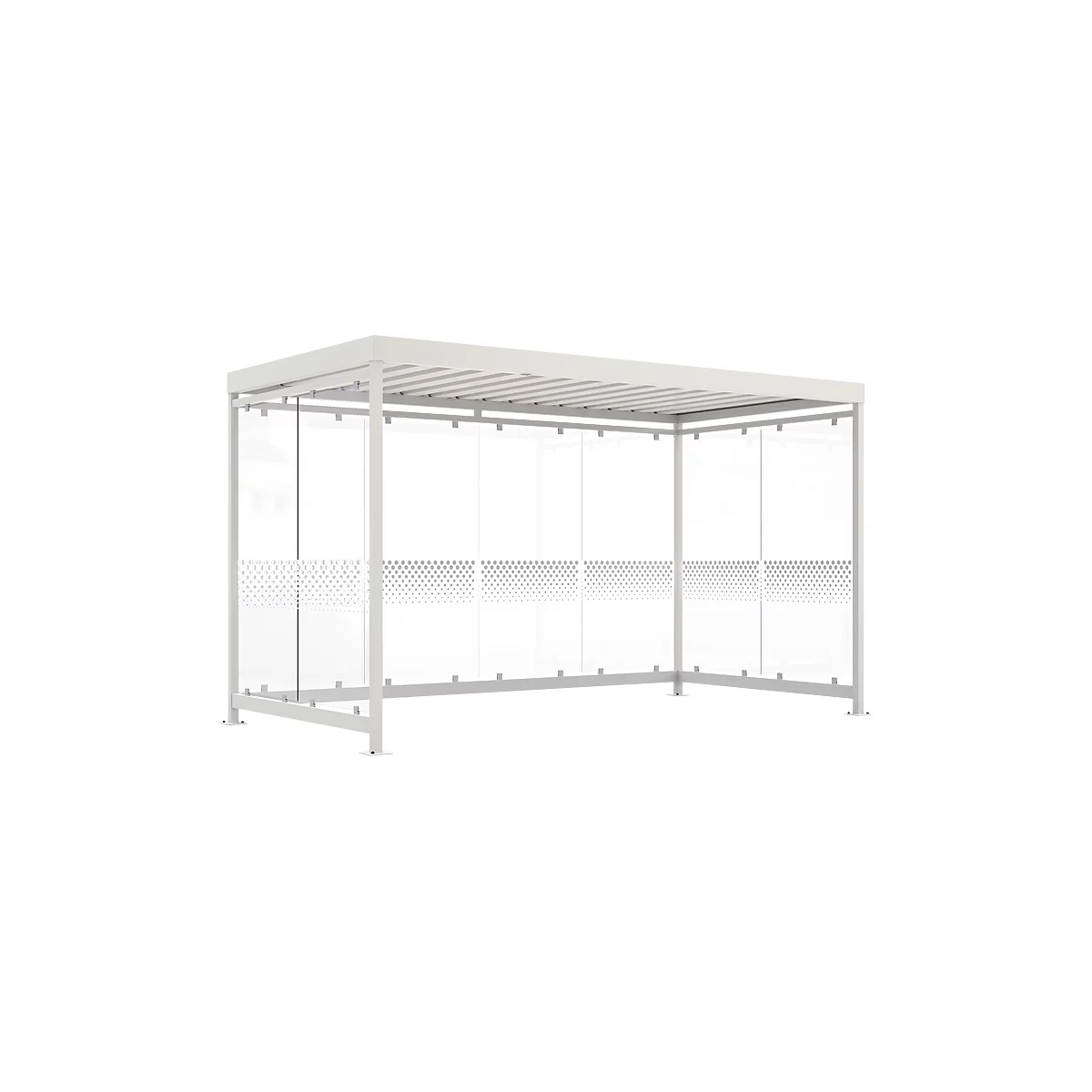 White pergola with glass walls, decorated with a dotted pattern.