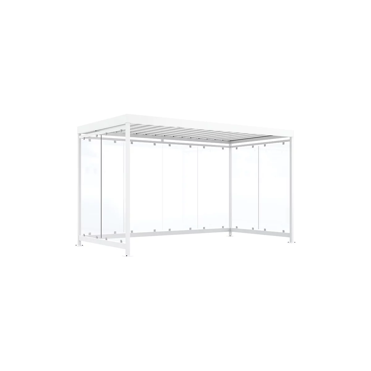 White modern gazebo with glass walls and roof. The frame is made of metal.