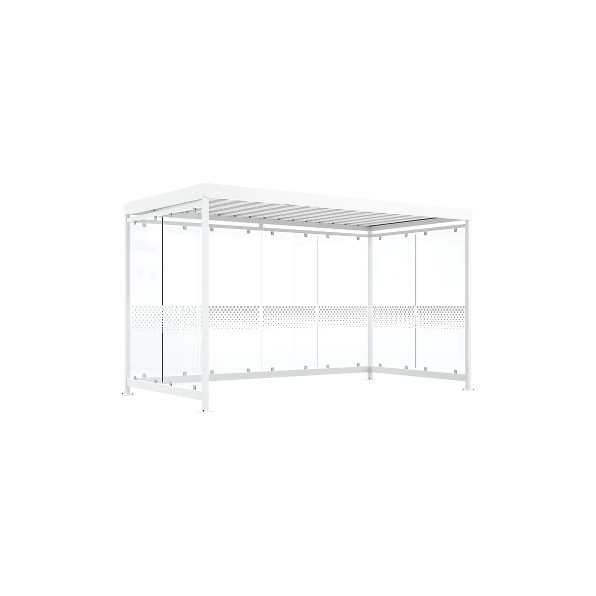 White, rectangular garden pavilion with glass walls and a dot pattern. The roof is slightly sloped.