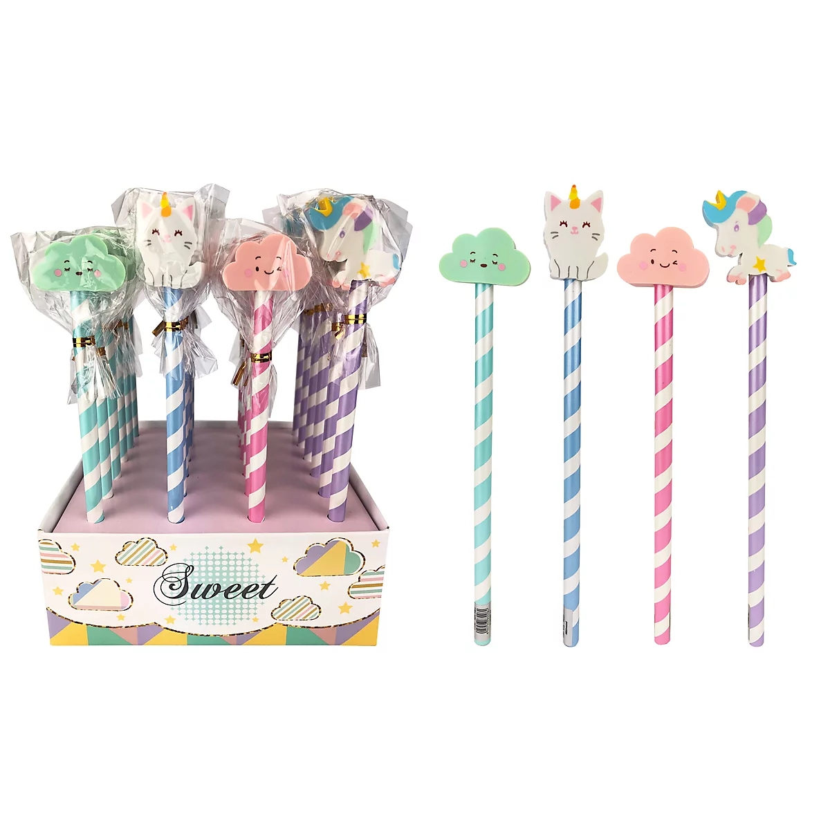 Verschiedene Stifte mit Einhorn- und Wolkenmotiven, in einer Box. Der Text "Sweet" ist zu sehen.