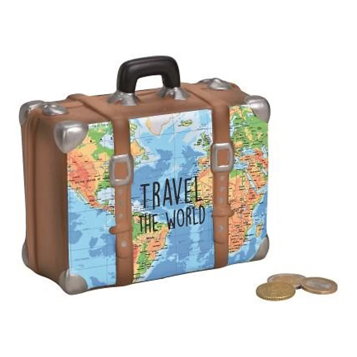 ROOST Caisse d'épargne valise, tirelire, vidable, 14 x 13 x 6 cm, porcelaine, motif carte géographique, brun-bleu