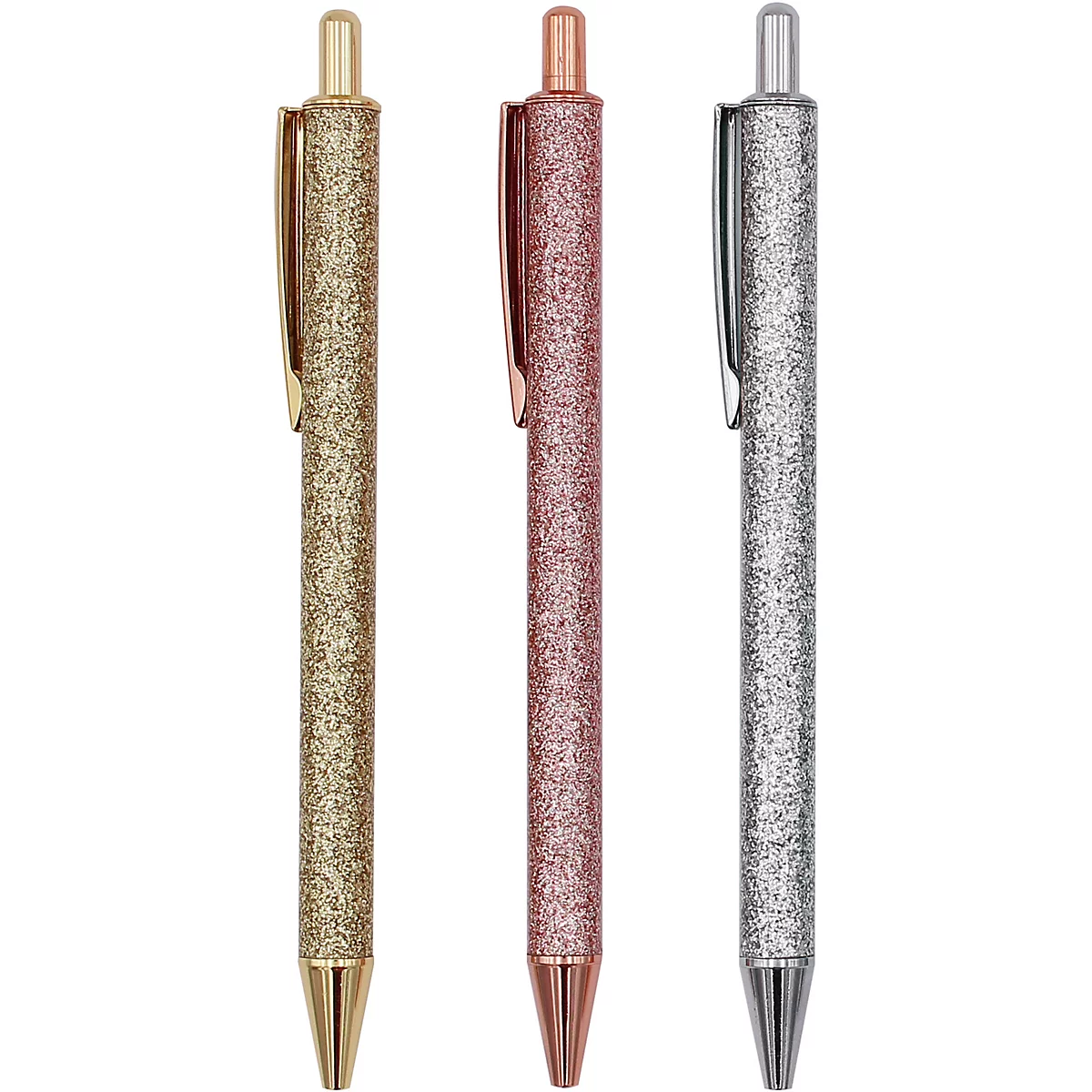 Drei glitzernde Kugelschreiber: Gold, Roségold und Silber, liegen nebeneinander.