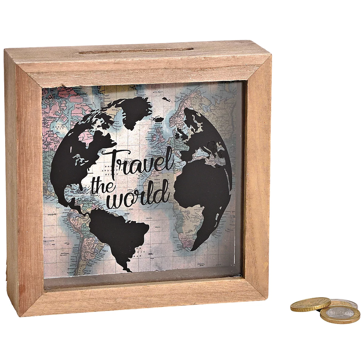ROOST Sparkasse Travel the World, Spardose, Holzrahmen, Glasfront, entleerbar, 15 x 15 x 5 cm, braun