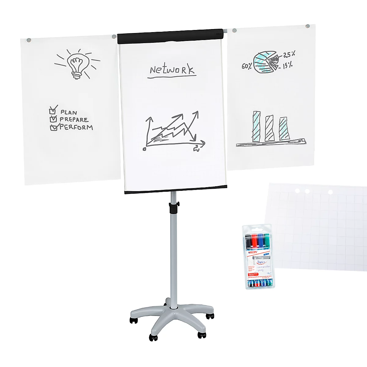 Rotafolio Maul MAULstandard, ajustable en altura, formato vertical, bloc de papel + rotuladores de varios colores