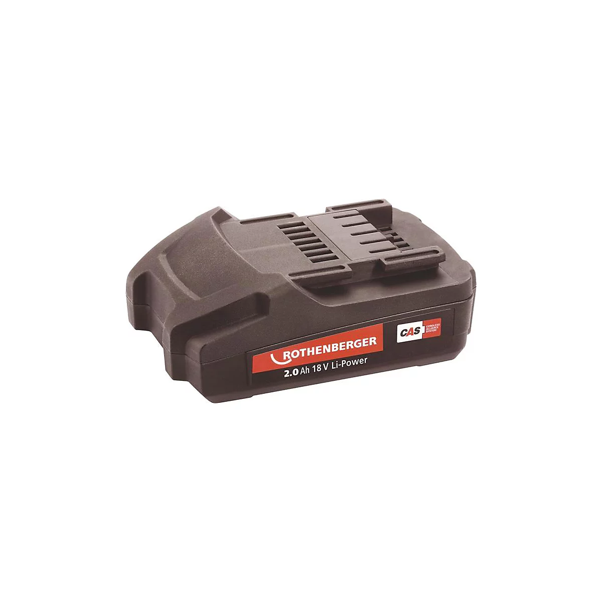 Batterie Rothenberger gris foncé. Sur champ rouge : 2.0 Ah 18 V Li-Power. Fentes de ventilation noires en haut. Logo CAS.