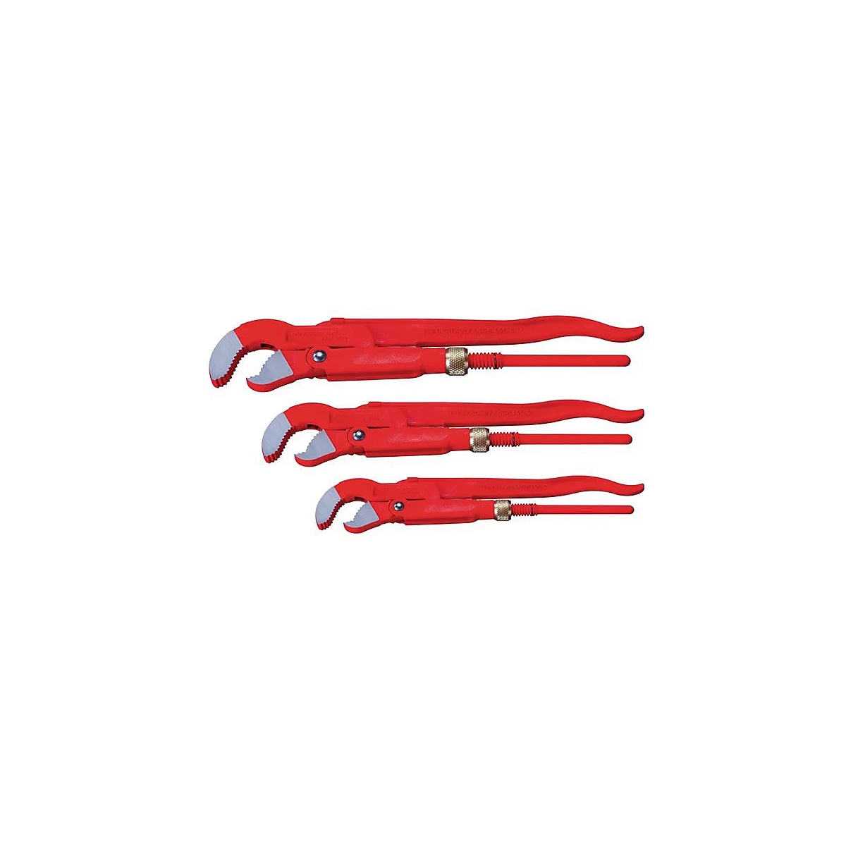 Trois clés à molette rouges de différentes tailles avec des mâchoires grises et blanches sur fond blanc.