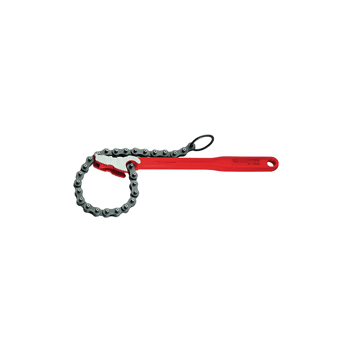 Een rode ketting en moersleutel op witte achtergrond. Er zit een gat in de handgreep.