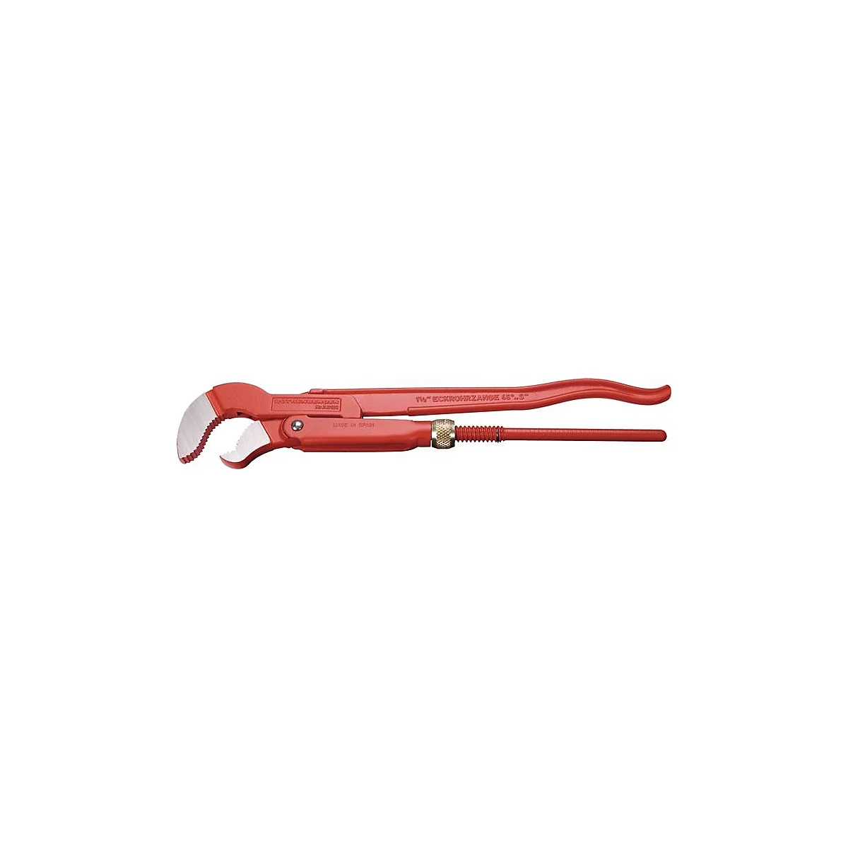 Clé à tuyau rouge utilisée pour saisir et tourner des tuyaux ou des raccords.