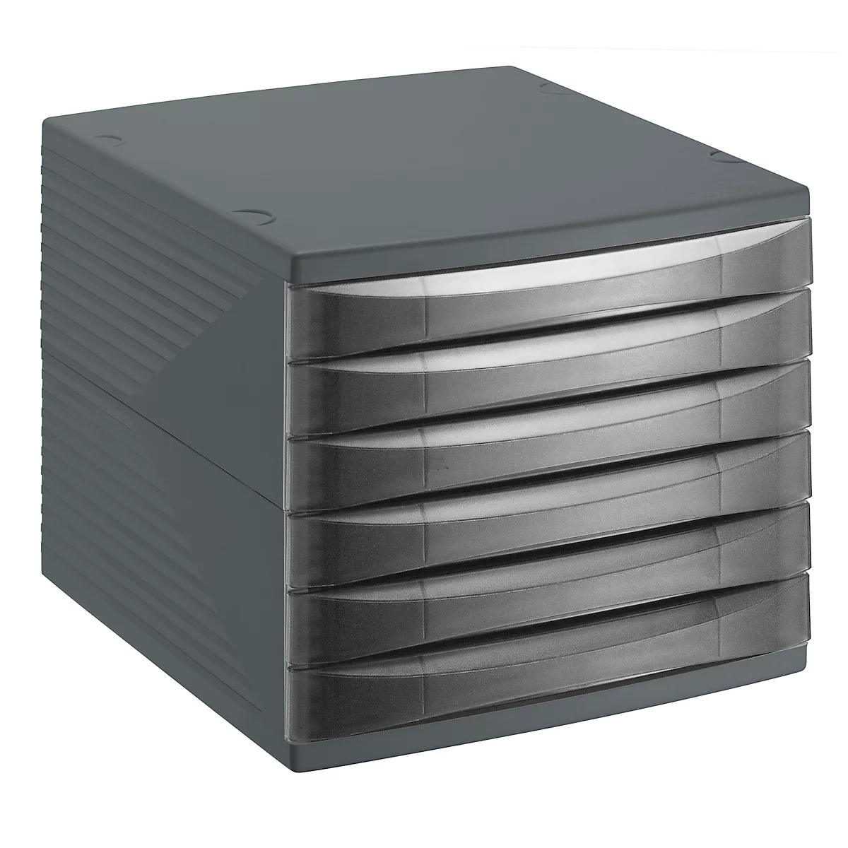 Dark grey drawer tower with 5 drawers, metal handles.
