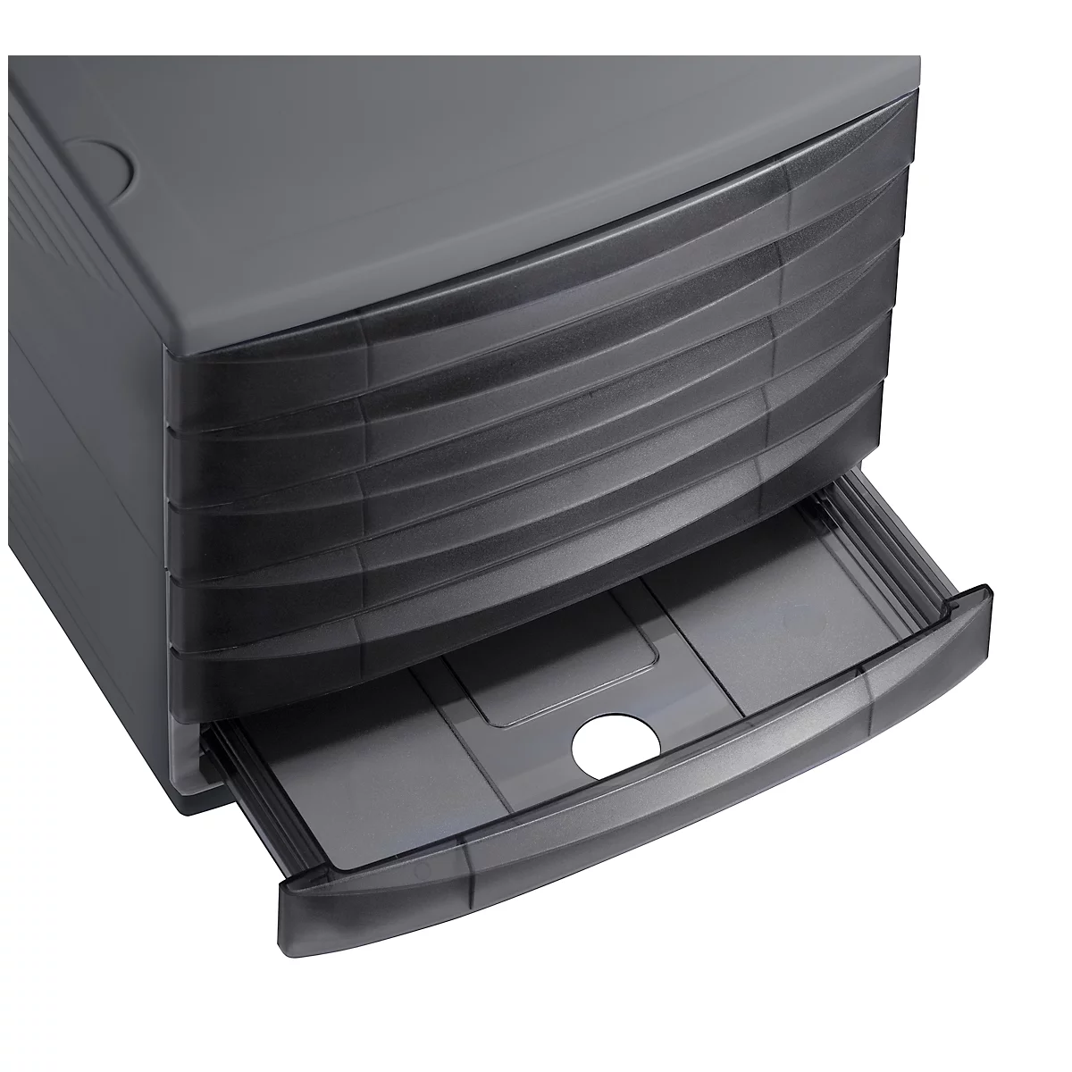 Dark grey drawer cabinet with a partially opened drawer.