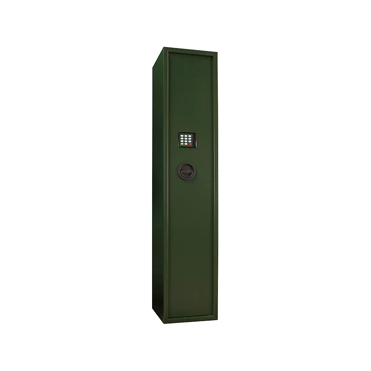A green gun safe with a numerical keypad and a round knob.