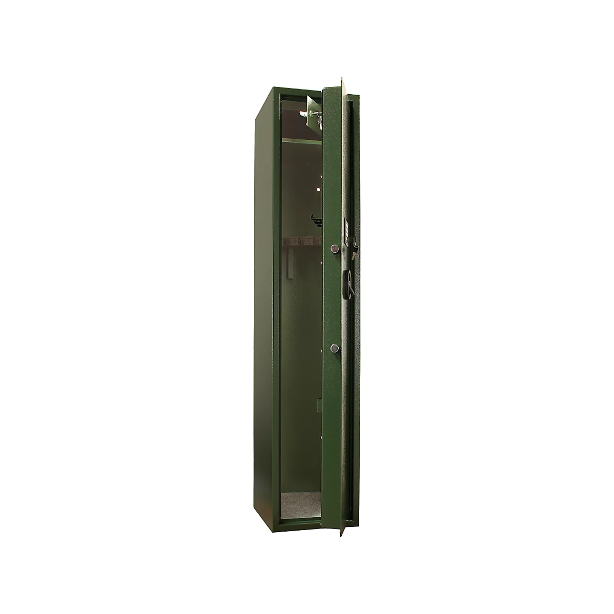Green, open gun safe with open door, against a white background.