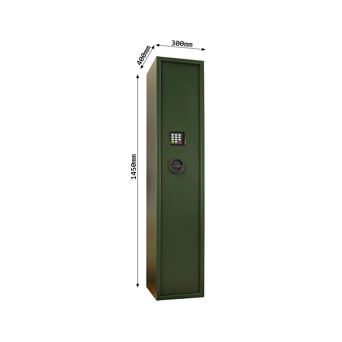 A green safe with digital lock and size indications: 1450mm high, 400mm wide, 300mm deep.