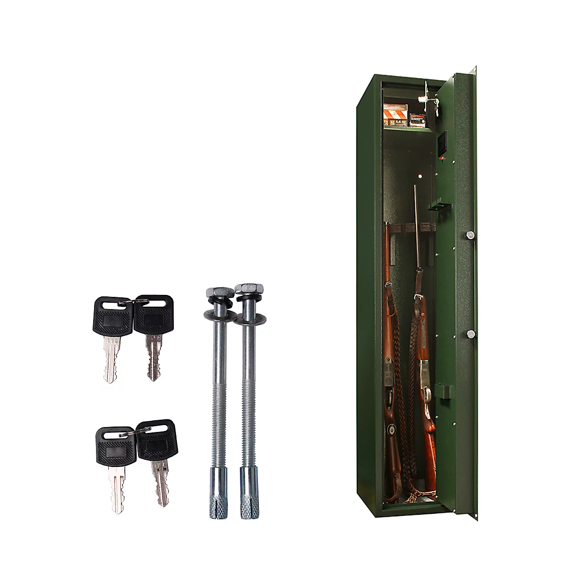 Green gun safe with open door, guns, locks, dowels and keys.