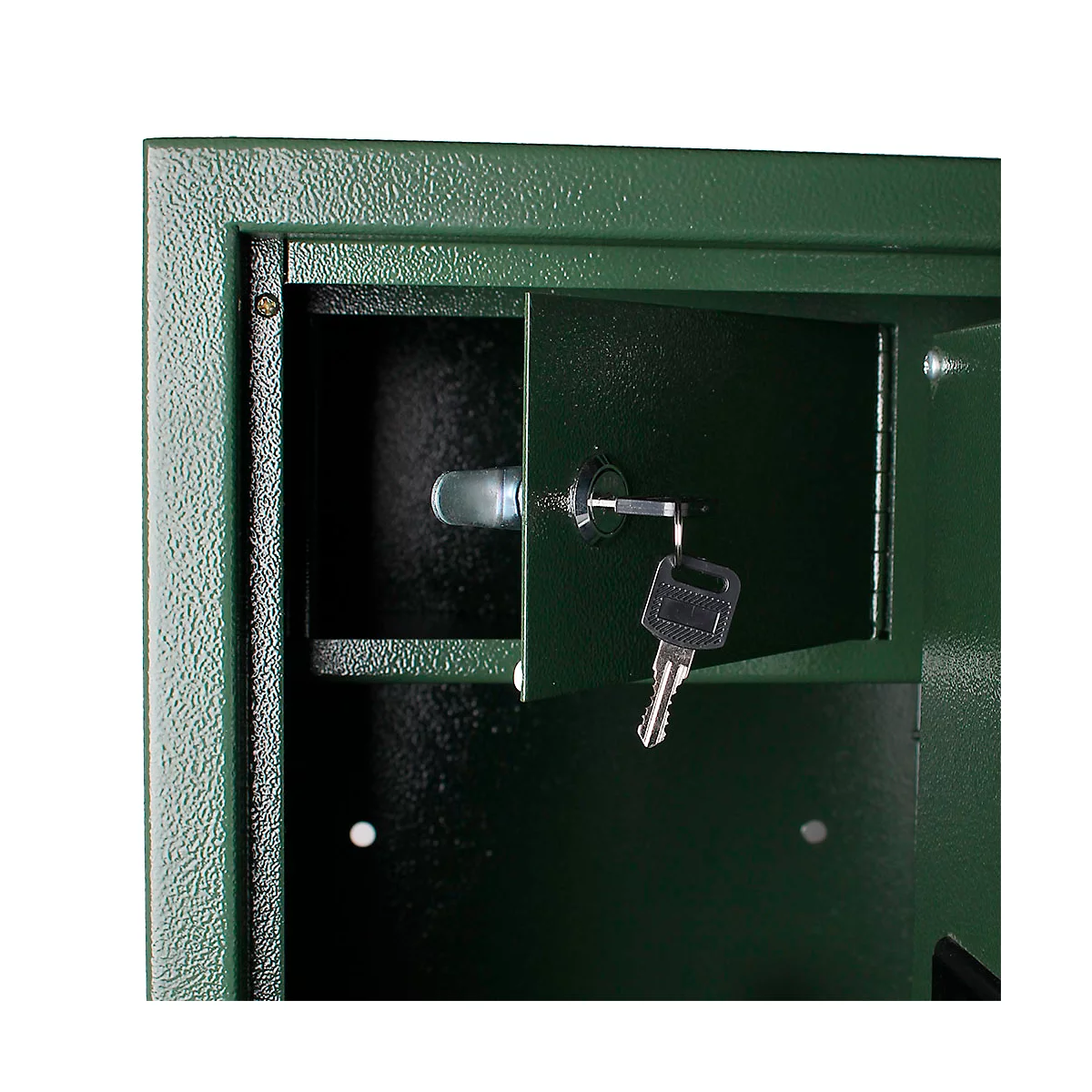 Close-up of a green safe door with key in the lock. The door is open, a part of the interior is visible.
