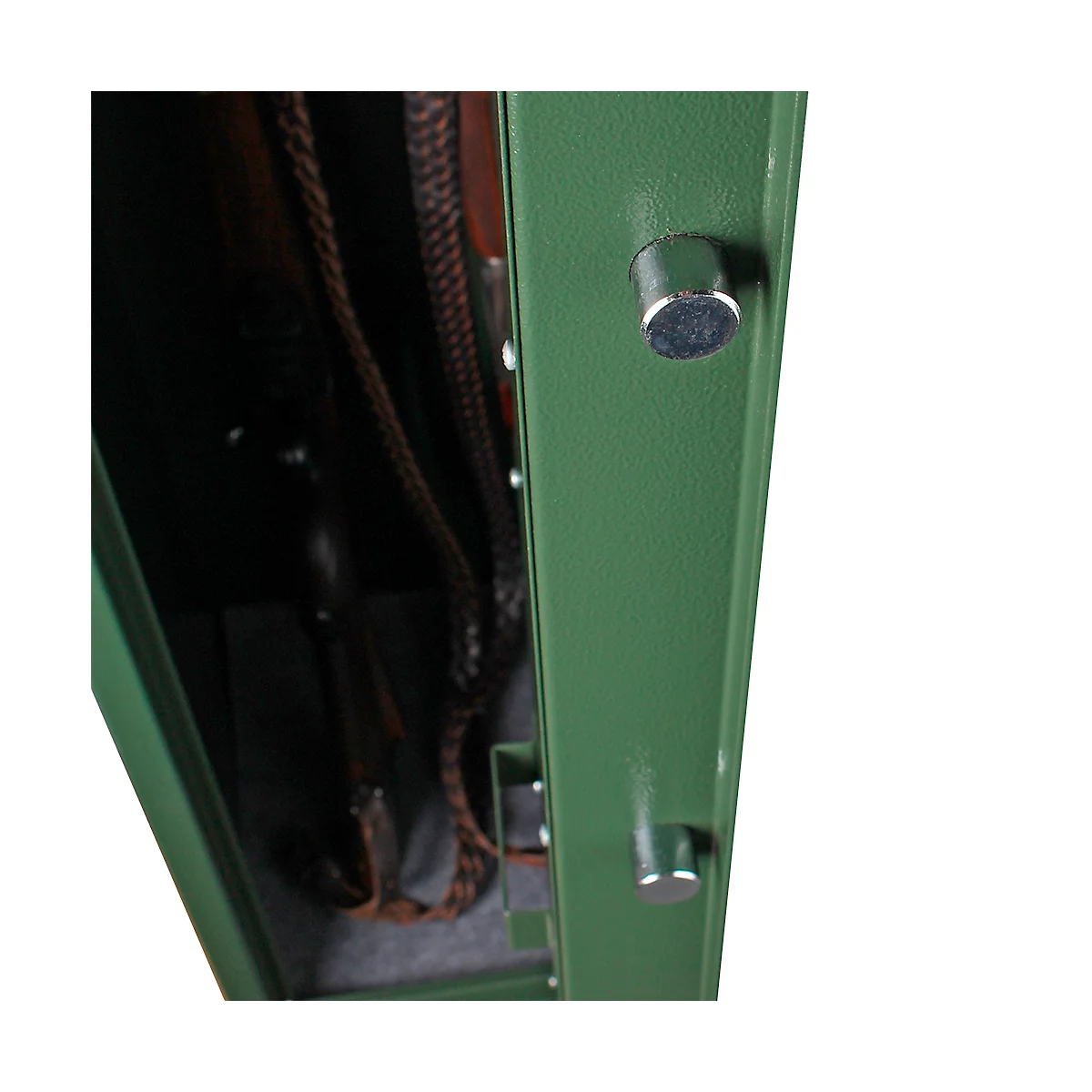 Open green gun safe door: rifle, leather straps, silver locking buttons.