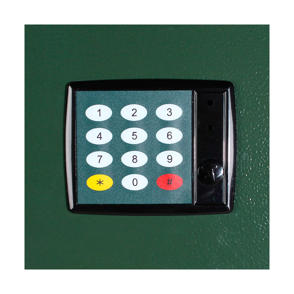 Black keypad with numbers 1 to 9, asterisk, zero and hash on a green background. On the right a black button.