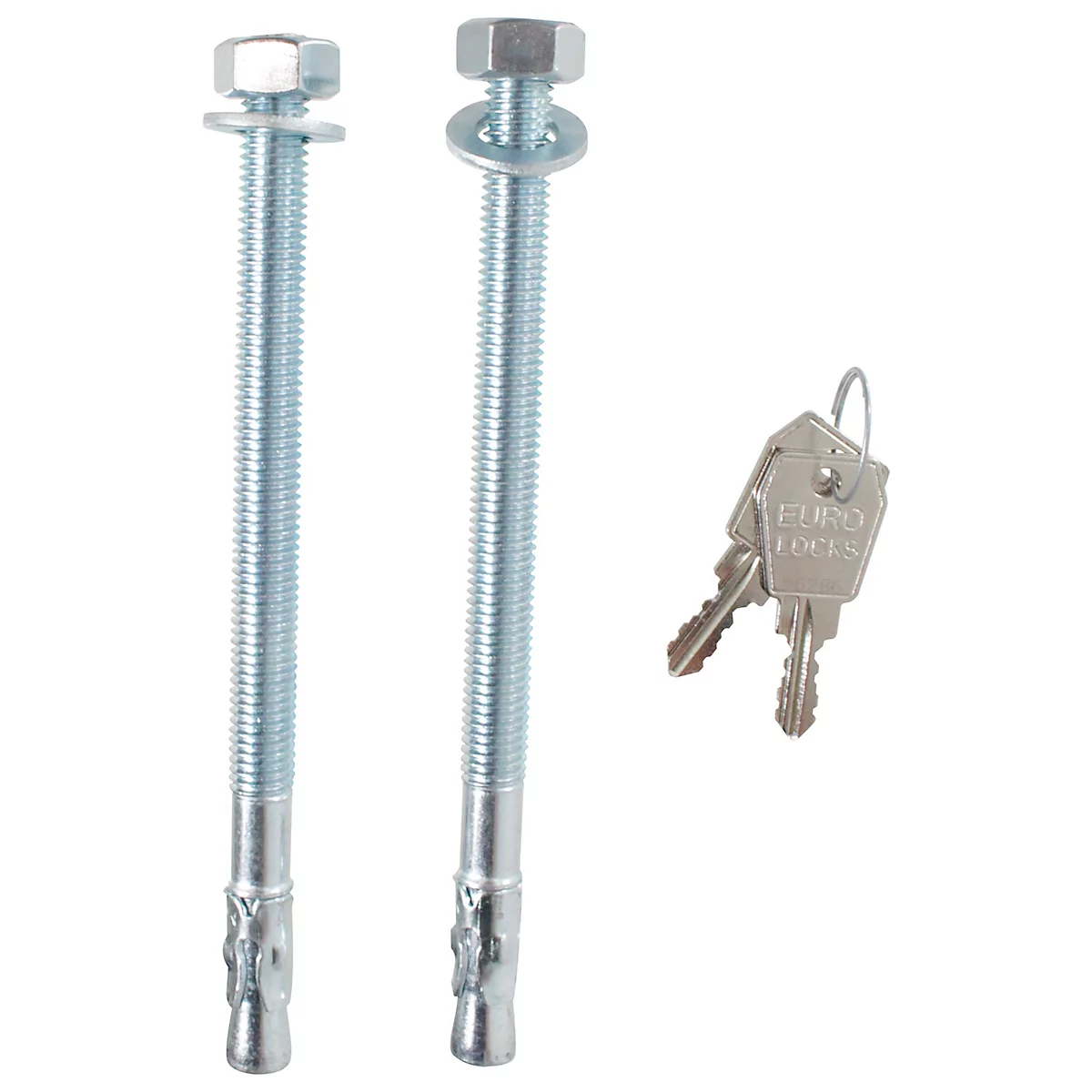 Deux boulons avec écrous et rondelles, plus deux clés avec l'inscription "EURO LOCKS".