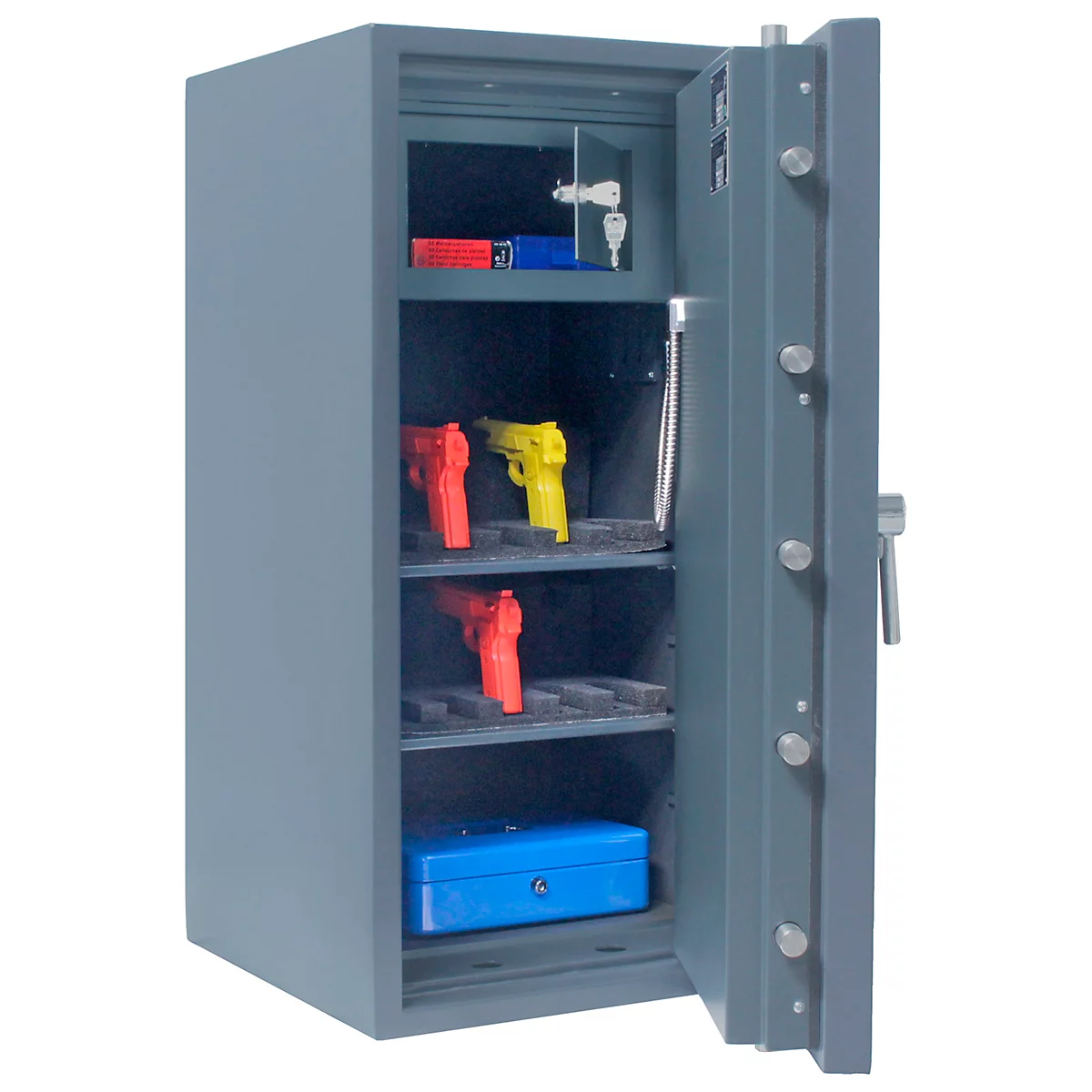 Coffre-fort ouvert avec des armes et des munitions à l'intérieur. Bleu, rouge, jaune.