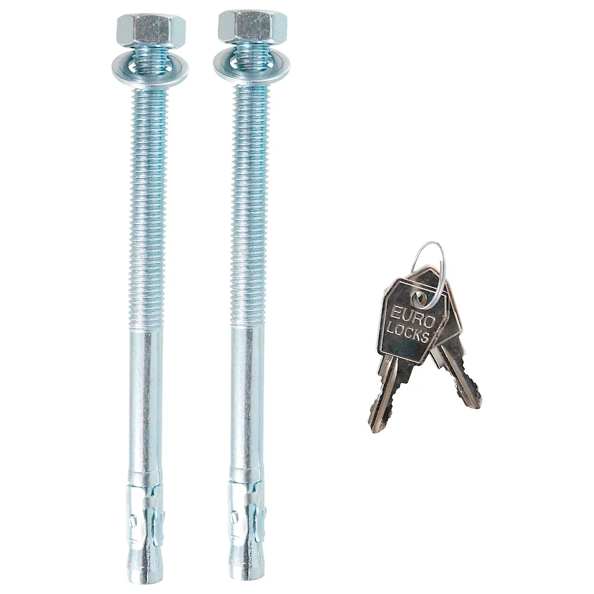 Deux boulons avec écrous et rondelles et deux clés avec l'inscription "EURO LOCKS".