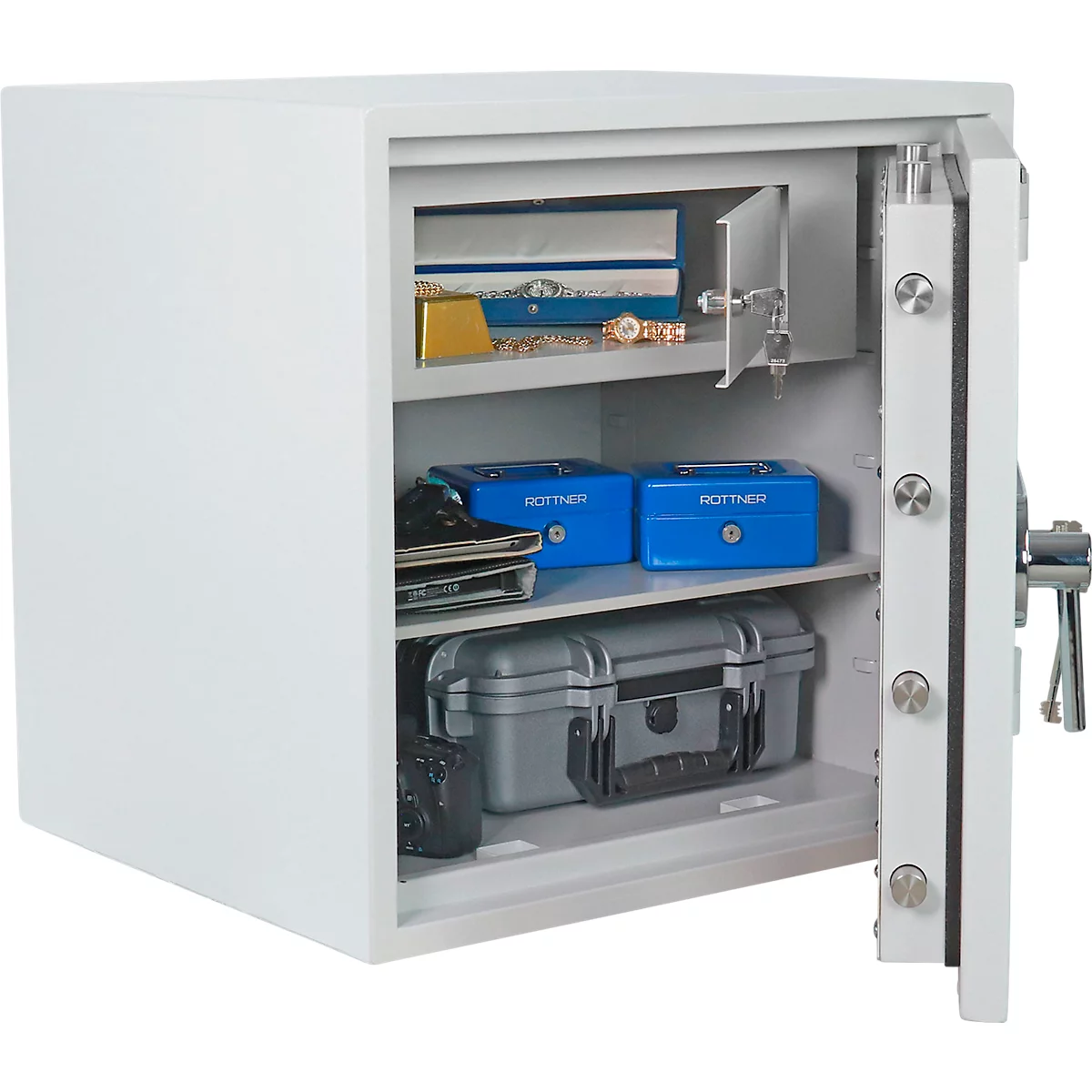 Rottner Armoire forte Opal Fire Premium OPD-65 IT, 135 l, EN 1, protection anti-feu jusqu'à 30 min, 2 tablettes, serrure à double panneton, acier, gris clair RAL 7035