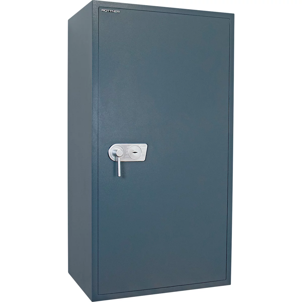 Coffre-fort bleu-gris sur fond blanc. Poignée, serrure et logo de l'entreprise visibles.